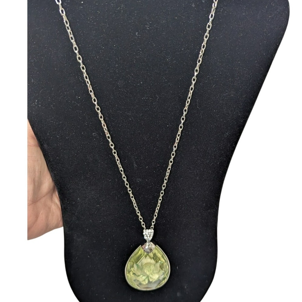 Signed C 1946 Silver Tone Statement Necklace Green Faceted Drop Floral Design